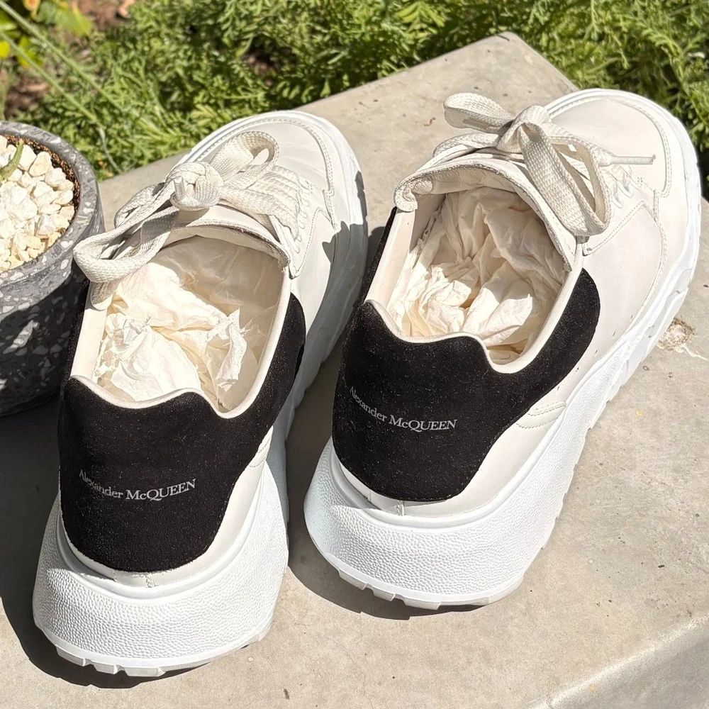 Alexander McQueen White Leather Sneakers with Black Heel Tab